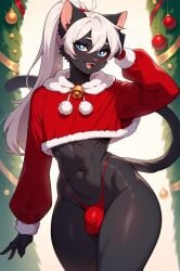 1boy 1femboy ai_generated anthro ass bulge christmas christmas_clothing christmas_outfit feline femboy femboy_only feminine_male front_view furry gingori girly glistening_body glistening_skin kuroshiro_(gingori) large_ass male male_only rear_view red_bottomwear red_bow red_stockings thong wide_hips