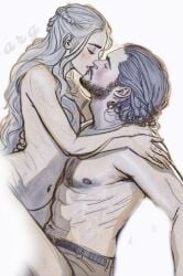 1boy 1girls 2019 a_song_of_ice_and_fire bed breasts brown_hair candles daenerys_targaryen game_of_thrones jon_snow nipples nude nude_female nude_male white_hair