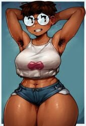 ai ai_generated anya_(yellowroom) armpit_hair armpits arms_up big_breasts breasts dark-skinned_female dark_skin female glasses hips human human_female milf pubic_hair short_shorts solo solo_female sweat tanned_skin thick_thighs thighs tomboy wide_hips yellowroom