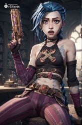 1girls ai_generated arcane arcane_jinx artist_name bare_shoulders belt blue_eyes blue_hair braid breasts collarbone crop_top detached_sleeves fingerless_gloves gloves gun hi_res holding holding_gun holding_weapon indoors jinx_(league_of_legends) league_of_legends long_hair looking_at_viewer navel netflix pants pink_pants r34arts riot_games sitting small_breasts solo spread_legs stomach_tattoo striped_clothes striped_pants tattoo twin_braids weapon