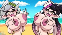 2girls aladeen artist_name beach big_breasts black_hair breasts callie_(splatoon) duo earrings fangs female female_only front-tie_bikini grey_hair huge_breasts inkling inkling_girl large_breasts light-skinned_female light_skin marie_(splatoon) mole mole_under_eye multiple_girls nintendo nipples open_mouth pointy_ears splatoon squid_sisters squished_breasts symbol-shaped_pupils teasing tentacle_hair tongue tongue_out upper_body v