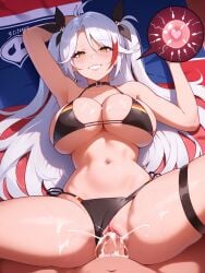 ai_generated azur_lane bikini cum cum_in_pussy fertilization german_flag_bikini impregnation large_breasts looking_at_viewer missionary_position pov prinz_eugen_(azur_lane) prinz_eugen_(unfading_smile)_(azur_lane) sex smile tensor_art twintails white_hair