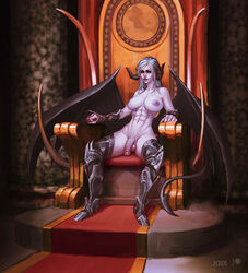 1futa abs bat_wings boots breasts demon demon_girl dickgirl futa_only futanari horns intersex joixxx large_breasts long_hair narcissia nipples penis purple_skin sitting solo testicles throne veins veiny_penis white_hair wings