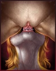 ambiguous_gender ambiguous_species anthro blonde_hair bodily_fluids clitoris cunnilingus duo fangs female female/ambiguous front_view fur genital_fluids genitals hair hi_res himeragoldtail lips obscured_eyes open_mouth oral red_clitoral_hood red_clitoris red_inner_pussy red_lips red_tongue sex tan_body tan_fur teeth tongue vaginal_fluids vaginal_penetration white_body white_fur yellow_body yellow_fur