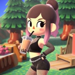 1girl 1girls ai_generated animal_crossing animal_crossing_girl artist_request black_gloves black_shorts blush_sticker boba_tea breasts brown_eyebrows brown_hair chain_belt chains choker contrapposto cute drinking drinking_boba eyebrows eyelashes eyeliner fingerless_gloves fishnet fishnet_sleeves fishnet_undershirt fishnets gloves hair_bun hand_on_own_hip holding_cup holding_drink human metal_chain midriff no_irises orange_nose pink_hair plastic_cup ponytail round_ears shorts single_hair_bun sipping solo spiked_choker spiked_collar sticker_blush straw tree triangle_nose two-tone_hair unknown_artist