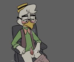 1boy after_masturbation avian balls bird blush bow_tie chair chicken clothed clothing cum cum_on_hand disney ducktales eyewear glasses gyro_gearloose hat hi_res male male_only pants_down partially_clothed penis simple_background slimykappa solo tapering_penis uncensored