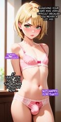 ai_generated blonde_hair blonde_hair_male femboy feminine_body feminine_faced_male feminine_male feminization forced_exposure forced_feminization forced_presentation male_bitch male_only otoko_no_ko otokonoko pink_panties sissification sissy sissyfication text trap