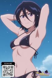 ai_generated armpits arms_behind_head arms_up bangs bikini bikini_bottom black_bikini black_hair black_swimsuit bleach blue_sky breasts closed_mouth clothing cloud day female female female_only hair_between_eyes kuchiki_rukia kuchiki_rukia large_breasts littlehentai looking_at_viewer medium_breasts navel outdoors purple_eyes savitar savitar_(artist) short_hair side-tie_bikini_bottom side-tie_clothing side-tie_swimsuit sky small_breasts smile solo stomach swimsuit underboob