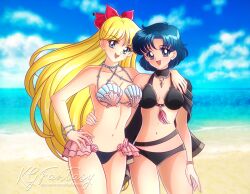 2girls alluring ami_mizuno beach bikini bishoujo_senshi_sailor_moon blonde_hair blue_eyes blue_hair blue_sky kgfantasy minako_aino not_porn ocean pin_up sailor_mercury sailor_venus seashell_bikini sfw