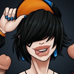 1girls 2_penises bangs_over_eyes black_hair blue_fingernails cap earrings hair_over_eyes hat imminent_facial imminent_oral raiounsfw smile smiling tongue tongue_out