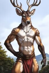 1boy 2024 ai_generated anthro antlers avaru cervine cervine_antlers cervine_humanoid deer elk fur humanoid loincloth male male_only mammal muscular nipples primal_wilds solo tufted_fur veiny_muscles veiny_thighs white_fur