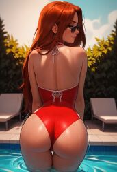 ai_generated ass back_view freckles from_behind gravity_falls in_pool large_breasts lifeguard looking_back lovegwendolyn one-piece_swimsuit partially_submerged pool poolside red_hair sadtomato seductive_look solo sunglasses water wendy_corduroy