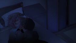 1boy 1girls anon black_bra bra bra_up brown_hair cg cg_art closed closet dark_image ddlc_mod doki_doki_exit_music_(ddlc_mod) doki_doki_literature_club duo female increased_brightness laying_down laying_on_back laying_on_bed leg_up mod mod_art natsuki_(doki_doki_literature_club) one_breast_out one_eye_closed pillow pink_eyes pink_hair shirt shirt_up white_shirt