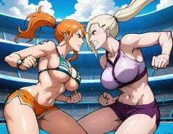 ai_generated athletic_female big_breasts ino_yamanaka large_breasts nami nami_(one_piece) naruto_(series) naruto_shippuden one_piece stable_diffusion thick thick_legs thick_thighs