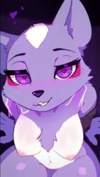 aggretsuko anthro bedroom_eyes blush breasts disembodied_hand duo female fluffy fluffy_chest freeedon fur ghost_hand heart_symbol male male/female mammal medium_breasts mephitid narrowed_eyes nipples nude pink_nipples purple_body purple_fur sanrio seductive shikabane_(aggretsuko) skunk smile smiling_at_viewer white_body white_fur