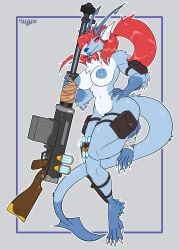 absurd_res anthro blade breasts canid canine canis claws clothed clothing female gun hi_res horn hybrid mammal maxner12 nipples nude nude_anthro nude_female pinup pose ranged_weapon skimpy solo tactical_gear tail tail_blade weapon weapon_tail wolf wraps