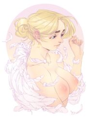 absurdres angel blonde_hair blue_eyes breasts earrings feathers gofa hair_twirling highres jewelry looking_down nipples nude original star