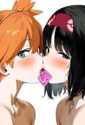 2girls ai_generated aseasemamire asymmetrical_hair bangs bare_shoulders black_eyes black_hair blue_eyes blush breast-to-breast breasts brown_eyes clavicle clothing completely_nude condom condom_in_mouth condom_wrapper erika_(pokemon) eye_contact eyelashes female female_only french_kiss green_eyes gym_leader hair_tie hairband headwear kasumi_(pokemon) kasumi_(pokemon) kissing looking_at_another looking_at_viewer mouth_hold multiple_girls nipples nude open_mouth orange_hair pokemon pokemon_(anime) pokemon_(classic_anime) pokemon_(game) pokemon_character ponytail saliva short_hair side_ponytail tied_hair tongue tongue_out upper_body yuri