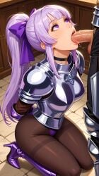 ai_generated armor avgustbooro bangs blowjob blush choker erection heels kneeling lilac_hair long_hair open_mouth original_character partial_male penis purple_eyes ribbon_in_hair saliva