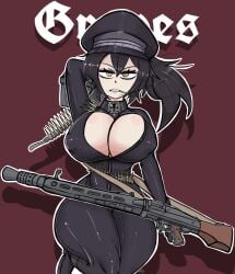 1female 1girls ammo_belt ammo_box ammunition big_breasts boob_window bullet bullets cigarette dark_hair firearm german gun hat huge_breasts light-skinned_female light_skin machine_gun mg42 milf military_uniform mother_(the_coffin_of_andy_and_leyley) nazi nazi_uniform nipple_bulge pinup ponytail renee_graves rose_dax smoke smoking solo solo_female solo_focus text the_coffin_of_andy_and_leyley thick_thighs thunder_thighs tight_clothing venus_body voluptuous voluptuous_female weapon wide_hips world_war_2 ww2 yellow_eyes