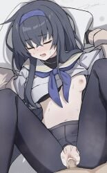 1boy black_hair black_pantyhose blue_archive blush breasts censored closed_eyes crossed_bangs crotch_seam cum cum_in_pussy female head_on_pillow headband highres missionary mosaic_censoring navel nipples no_panties open_mouth pantyhose penis pov pov_crotch purple_headband pussy_juice school_uniform sex shinoyo small_breasts small_penis small_penis_adoration straight sweat ui_(blue_archive) vaginal_penetration