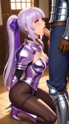 ai_generated armor avgustbooro bangs blowjob blush choker erection heels kneeling lilac_hair long_hair open_mouth original_character partial_male penis purple_eyes ribbon_in_hair saliva