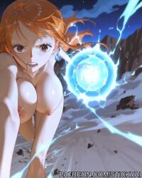 action_lines action_pose ai_generated breasts brown_eyes electricity heroine naked nami nami_(one_piece) naruto naruto_(series) naruto_shippuden nsfw one_piece orange_hair rasengan stickyai