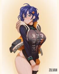 1girls belle_(zenless_zone_zero) big_breasts breasts covered_nipples earclip earrings female green_eyes half-dressed large_breasts mischievous_smile no_bra no_pants orange_panties panties purple_hair shimapan shirt_tug single_glove single_thighhigh solo striped_panties taut_clothes thick_thighs thighs zenless_zone_zero zilvan