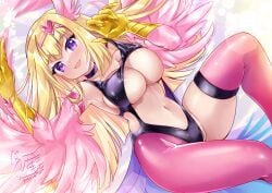 areola_slip artist_signature belly_button bird_girl blonde_hair duel_monster feather_hair_ornament harpie_girl harpy large_breasts latex_clothing leggings pink_feathers pulling_clothing purple_eyes smile tagme_(artist) yu-gi-oh!