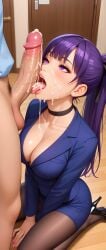 ai_generated avgustbooro bangs blush choker cleavage cum cum_in_mouth cum_on_breasts cum_on_face erection heels jacket kneeling licking_penis long_hair office open_mouth original_character partial_male penis purple_eyes purple_hair ribbon_in_hair tights