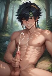 1boy abs ai_generated breath bsky_link civitai cum cumshot dvxxxgrai earrings forest gay genshin_impact headband heavy_breathing kinich_(genshin_impact) legs male male_focus male_masturbation male_only male_pubic_hair masturbation naked naked_male nipples nude nude_male outdoors penis pony_diffusion_xl pubic_hair solo solo_focus solo_male tagme testicles toned toned_body toned_male tree twitter_link