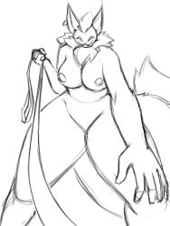 3:4 anthro big_breasts breasts dominant dominant_female dracozhilla female gexx hi_res larger_female leash looking_at_viewer looking_down monochrome patreon size_difference sketch smug solo teasing teasing_viewer text url wide_hips