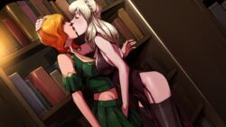 1futa 1girls acht alexia_blackwell blonde_hair cheating clothed cucked_by_futa cuckold duo female fingering fingering_partner futa_on_female futanari hand_on_head kissing library light-skinned_female light-skinned_futanari netorare ntr pussy_grip red_hair roisin seeds_of_chaos stockings thighhighs