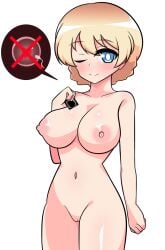 1girls big_breasts blonde_female blonde_hair blue_eyes blush condom darjeeling girls_und_panzer large_areolae light-skinned_female nude nude_female one_eye_closed pink_nipples solo yuriseagull