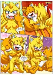 1boy 1girls anthro ass barefoot bbmbbf blush breast_sucking breasts comic dialogue feet female let_me_love_you_(comic) licking male male/female masturbation mobian_(species) mobius_unleashed nipples nude palcomix pussy sega sex sonic_(series) sonic_boom sonic_the_hedgehog_(series) speech_bubble tails tails_the_fox zooey_the_fox