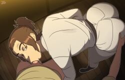 1boy 1girls animated animated_image ass attack_on_titan big_ass brown_eyes brown_hair clothed_female_bottomless_male d-art deepthroat erection eyes_rolling_back fellatio female_soldier gabi_braun hand_on_butt huge_ass looking_at_viewer male/female male_pov marley_military_uniform military military_uniform oral penis ponytail pov shingeki_no_kyojin soldier uniform veins