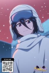 1boy ai_generated bangs black_hair bleach closed_mouth clothing female female goggles goggles_on_head goggles_on_headwear hair_between_eyes hat headwear kuchiki_rukia kuchiki_rukia littlehentai looking_at_viewer male purple_eyes savitar savitar_(artist) scarf short_hair smile snow snowing solo tegami_bachi upper_body white_scarf