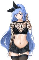 1girls blue_hair bow bra chaesu female female_only fishnet_clothing jean_shorts jeans long_hair minah original original_character shy stomach thigh_highs thighs