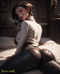 1girls ai_generated bed coraline female_only huge_ass latex_clothing looking_back mature_female mel_jones milf pankaban short_hair sweater tight_clothing