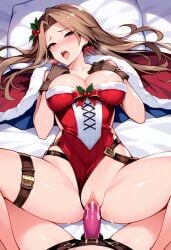 ai_generated brown_hair christmas christmas_outfit female female/female female_only female_penetrating_female granblue_fantasy katalina_(granblue_fantasy) katalina_aryze large_breasts leotard lying lying_on_bed missionary_position pale-skinned_female pale_skin pleasure_face pov red_eyes sex spread_legs strap-on strap-on_sex thighs vaginal_penetration yuri