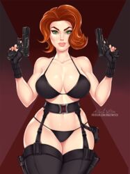 1girls ange1witch big_breasts black_widow_(marvel) bra breasts cleavage dual_wielding female female_focus female_only gun human human_only large_breasts light-skinned_female light_skin looking_at_viewer marvel marvel_comics mature mature_female natasha_romanoff panties red_hair solo solo_female solo_focus thighhighs underwear underwear_only voluptuous weapon