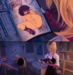 1boy 1girls 2girls amused anus breasts female gwen_art_check gwen_stacy gwen_stacy_(spider-verse) male meme miles_morales nude peni_parker pussy shinki_(artist) small_breasts smile spider-man:_across_the_spider-verse spider-man_(series) thick_thighs