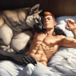 2024 2boys abs ai_generated animal_humanoid anthro anthro_on_human avaru bed biceps black_nipples black_nose bulge canid canine canis cuddling duo freckles fur furry gay grey_body grey_fur hair hug human human_on_anthro humanoid male male_focus male_only mammal muscular muscular_male nipples pecs size_difference smaller_male tuft tufted_fur veiny_muscles wolf yaoi