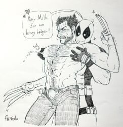 19gecko 2boys abs arm_hair blush bulge chest_hair claw_(weapon) deadpool deadpool_&_wolverine_(2024) english_text erection_under_clothes gay james_howlett large_pectorals logan_(x-men) looking_at_another male male_lactation male_only male_underwear marvel mask milk muscular_male nipple_pull nipples open_fly pants pectoral_grab pectorals short_hair superhero_costume sweatdrop wade_wilson wolverine_(x-men) x-men yaoi