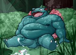 1boy 2018 3_toes anthro belly big_belly big_mouth blue_skin blush chubby claws cum cumshot detailed_background digital_media_(artwork) ejaculation erection feet flora_fauna flower forest grass huge_penis male male_only matainfancias moobs navel nintendo nipples nude open_mouth orgasm outdoors outside overweight overweight_male penis plant pokémon_(species) pokemon pokemon_rgby red_eyes scalie sitting smile soles solo teeth testicles thick_thighs toe_claws tongue tree uncut venusaur video_games wide_hips