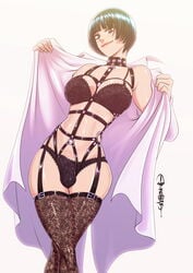 1futa anasheya balls_in_panties big_breasts bob_cut breasts bulge cleavage dickgirl futa_only futanari hourglass_figure intersex large_breasts lingerie looking_at_viewer panties penis_in_panties persona persona_5 solo solo_futa strappy_bra tae_takemi thighhighs