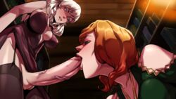 1futa 1girls acht alexia_blackwell blonde_hair breasts cheating clothed_sex cucked_by_futa cuckold duo erection fellatio female futa_on_female futa_sans_balls futanari human intersex light-skinned_female light-skinned_futanari netorare ntr oral penis red_hair roisin seeds_of_chaos stockings thighhighs uncensored veiny_penis