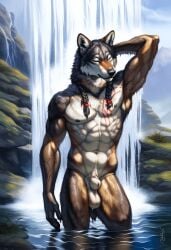 1boy 2024 abs ai_generated animal_humanoid anthro armpits arms_behind_head arms_up avaru balls bathing black_nipples black_nose braid braided_hair brown_body brown_fur canid canine canine_genitalia claws closed_eyes fur furry genitals humanoid male male_focus male_only mammal mammal_humanoid multicolored_body multicolored_fur muscular muscular_male nature nature_background navel nipples nude penis primal_wilds sagging_balls sheath solo tagme testicles tribal tuft tufted_fur water waterfall wet wet_body white_fur wolf