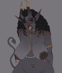 1girls artist_request big_areola big_breasts curly_hair curvy dark-skinned_female drooling eyebrow_piercing eyeshadow female_only gray grey_background horns mole mole_under_mouth necklace nipple_piercing piercing pointy_ears sagging_breasts solo tail tongue_out