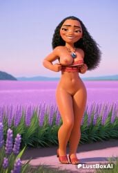 1girls ai_generated artist_name black_hair blush breasts brown_eyes cleft_of_venus clothes_pull dark-skinned_female dark_skin day disney disney_princess female field flashing flower flower_field forehead full_body grass grin hi_res high_heels jewelry long_hair looking_at_viewer lustboxai medium_breasts moana moana_2 moana_waialiki naughty_face navel necklace nipples one_breast_out outdoors public_indecency pulled_by_self pussy sandals sky small_breasts smile smug solo standing toes uncensored